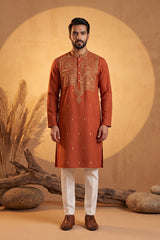 Orange Silk Blend Solid Emboidered Straight Kurta With Trouser MKSET2372