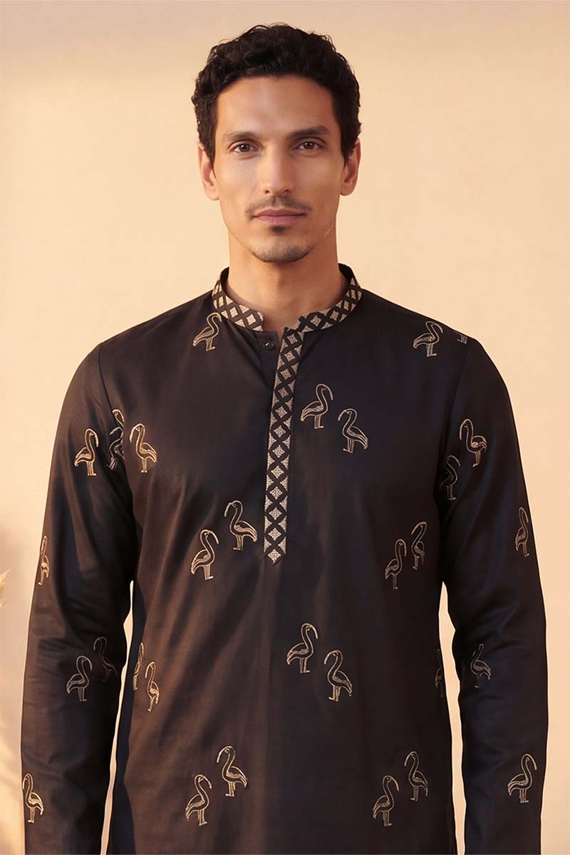 Black Silk Blend Solid Embroidered Kurta MKU1817