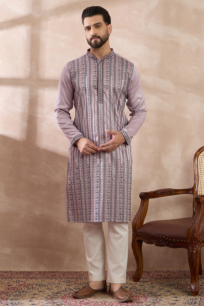 Lavender Silk Blend Embroidered Indian Wear for Men MKSET2041 | DesiQl