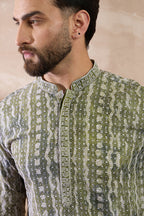 Green Silk Blend Printed Mandarin Collar Straight Kurta MKU1661