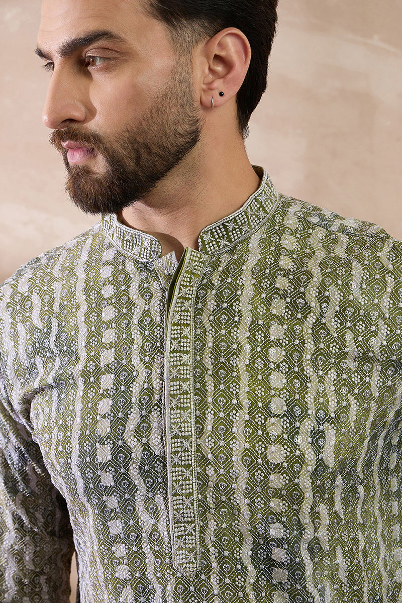 Green Silk Blend Printed Mandarin Collar Straight Kurta MKU1661
