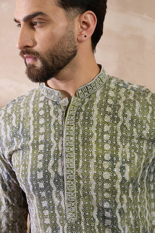 Green Silk Blend Printed Mandarin Collar Straight Kurta MKU1661