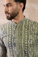 Green Silk Blend Printed Mandarin Collar Straight Kurta MKU1661