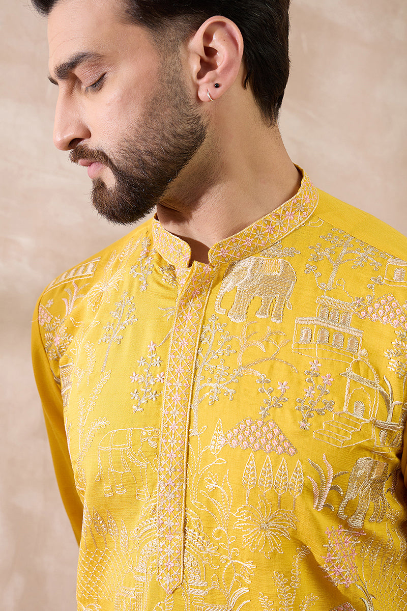 Yellow Silk Blend Embroidered Mandarin Collar Straight Kurta With Trouser MKSET2053
