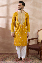 Yellow Silk Blend Embroidered Mandarin Collar Straight Kurta MKU1794