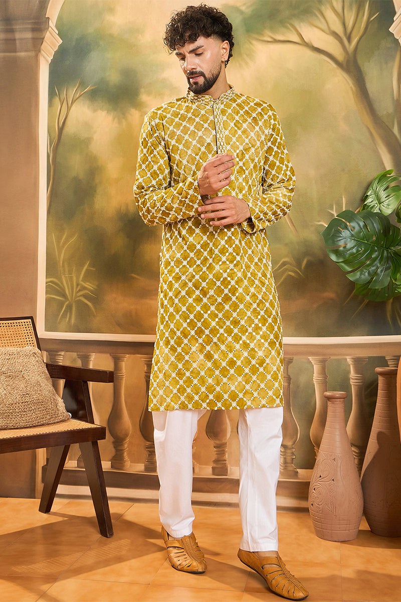 Yellow Viscose Rayon Shibori Embroidered Straight Kurta MKU1415