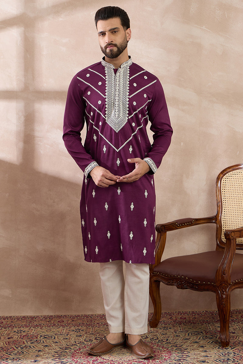 Purple Silk Blend Embroidered Indian Wear for Men MKSET1789 | DesiQlo