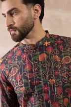 Black Silk Blend Embroidered Mandarin Collar Straight Kurta With Trouser MKSET2096