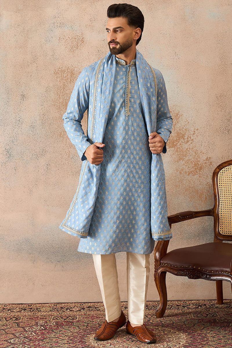 Blue Jacquard Woven Design Floral Straight Kurta Sets MKPD1019