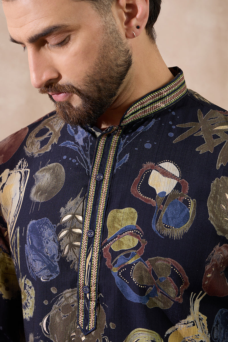 Navy Blue Silk Blend Printed Mandarin Collar Straight Kurta MKU1961