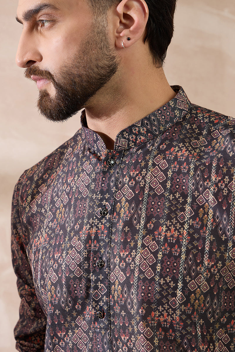 Black Silk Blend Printed Mandarin Collar Straight Kurta With Trouser MKSET2116
