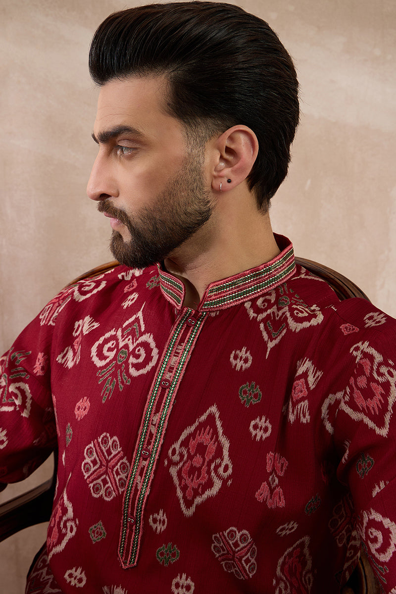 Red Silk Blend Printed Mandarin Collar Straight Kurta MKU1988