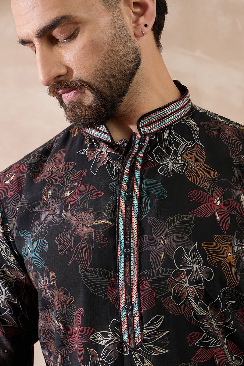 Black Silk Blend Printed Mandarin Collar Straight Kurta With Trouser MKSET1956