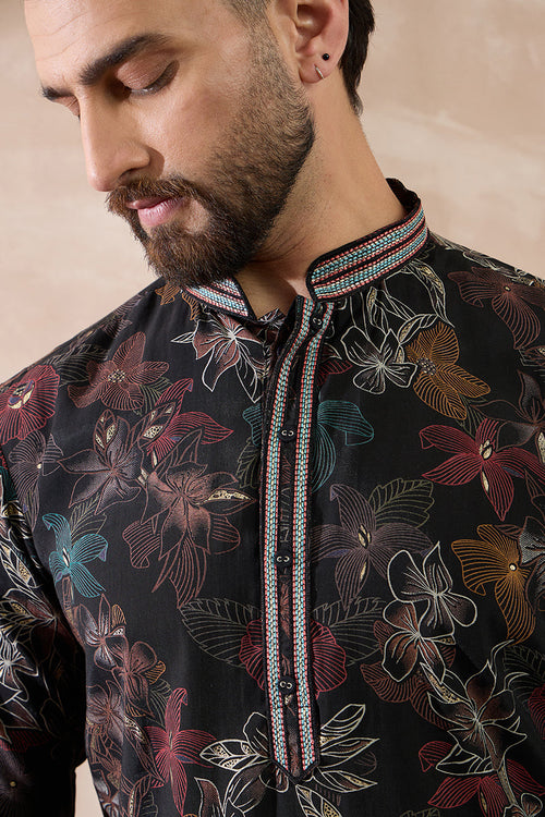 Black Silk Blend Printed Mandarin Collar Straight Kurta With Trouser MKSET1956