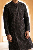 Silk Blend Black Solid Embroidered Calf Length Straight Kurta MKU2128