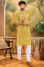 Yellow Silk Blend Embroidered Shibori Straight Kurta With Trousers MKSET1415