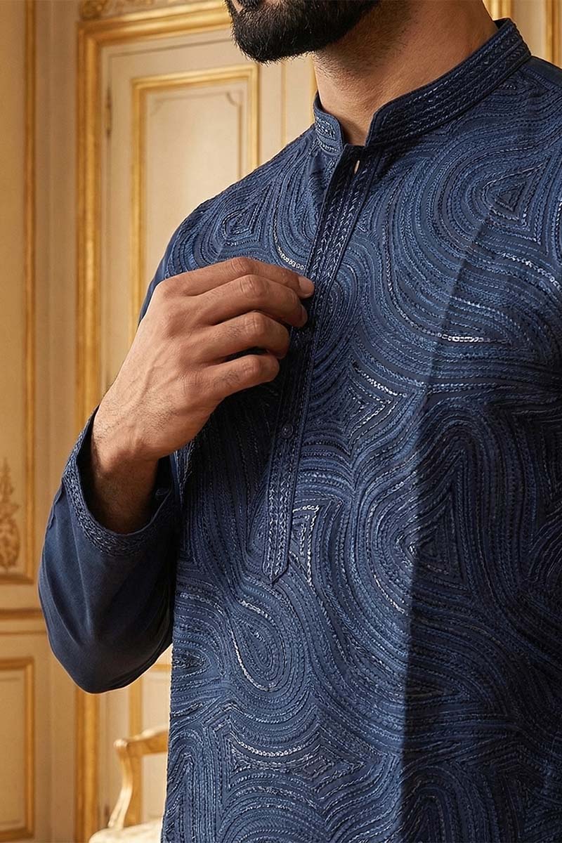 Blue Silk Blend Embroidered Straight Kurta MKU2124
