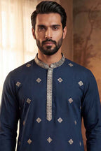 Silk Blend Blue Solid Embroidered Calf Length Straight Kurta With Trousers MKSET2099