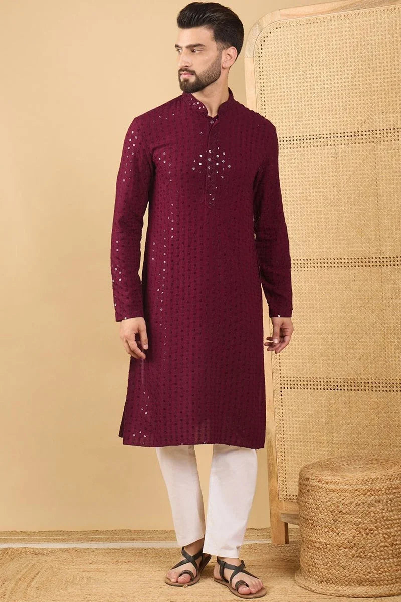 Maroon Viscose Rayon Solid Embroidered Straight Chikankari Kurta MKU1044