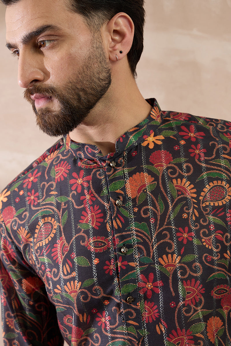 Black Silk Blend Embroidered Mandarin Collar Straight Kurta MKU2096