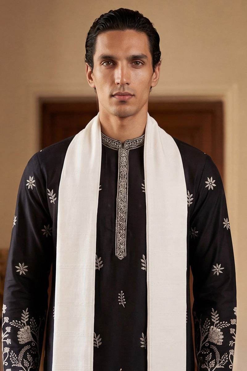 Black Silk Blend Solid Embroidered Straight Kurta Sets MKUD1782