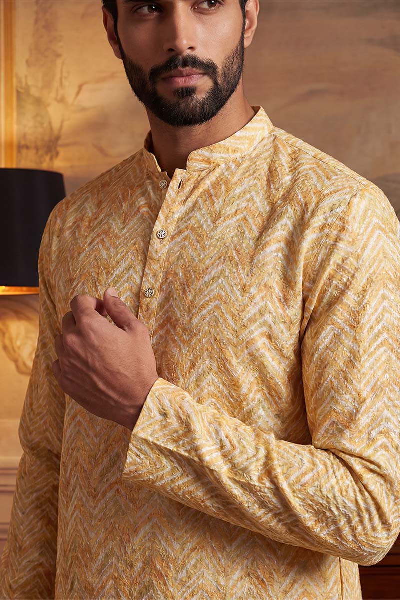 Yellow Cotton Blend Chevron Embroidered Kurta With Trouser MKSET2066