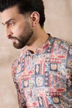 Multi Silk Blend Printed Mandarin Collar Straight Kurta With Trouser MKSET2001