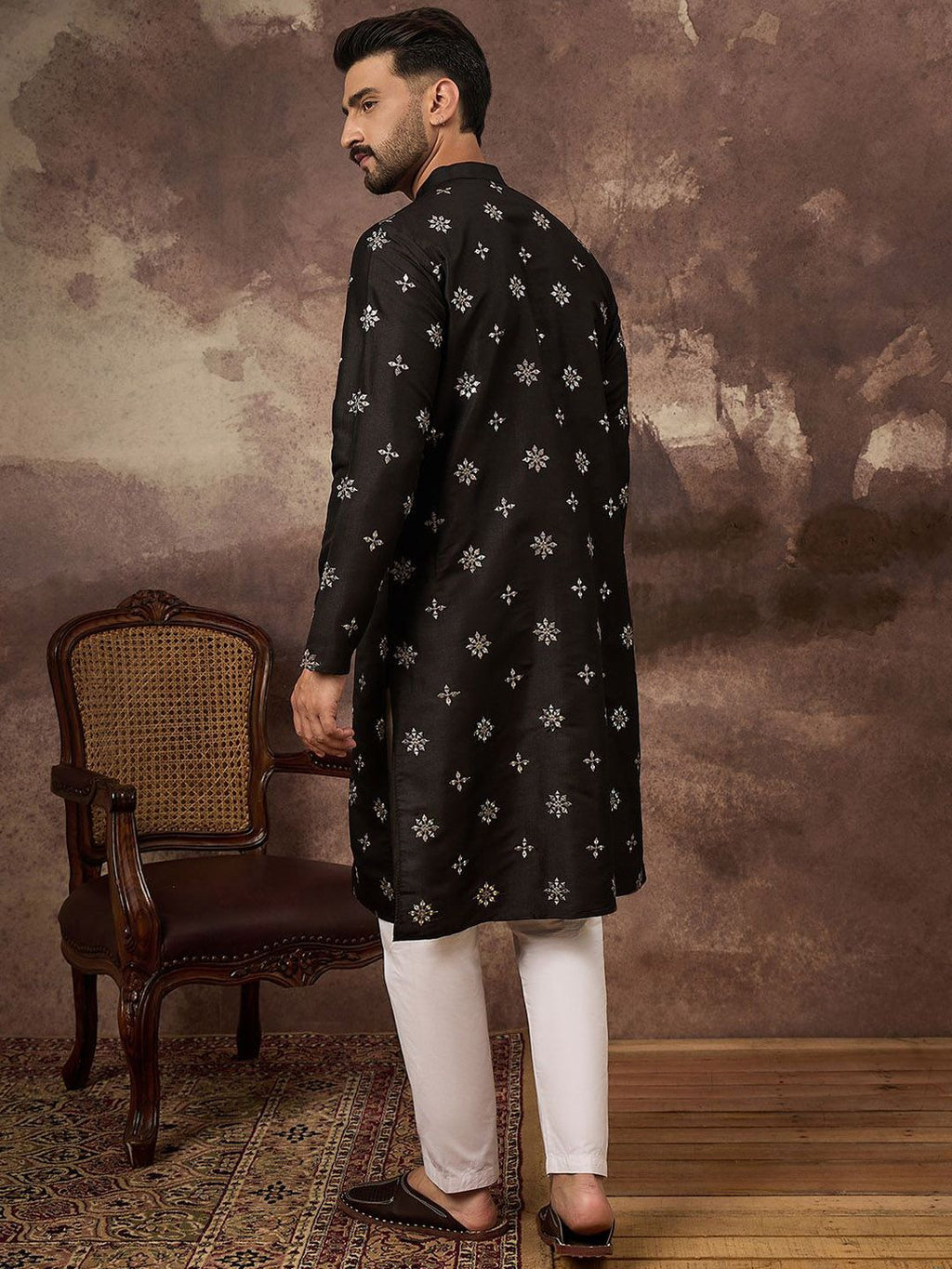 Men Black Silk Blend Solid Embroidered Straight Kurta With Pant Set-MKSET1370