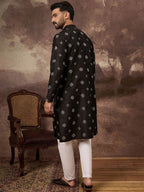 Men Black Silk Blend Solid Embroidered Straight Kurta With Pant Set-MKSET1370