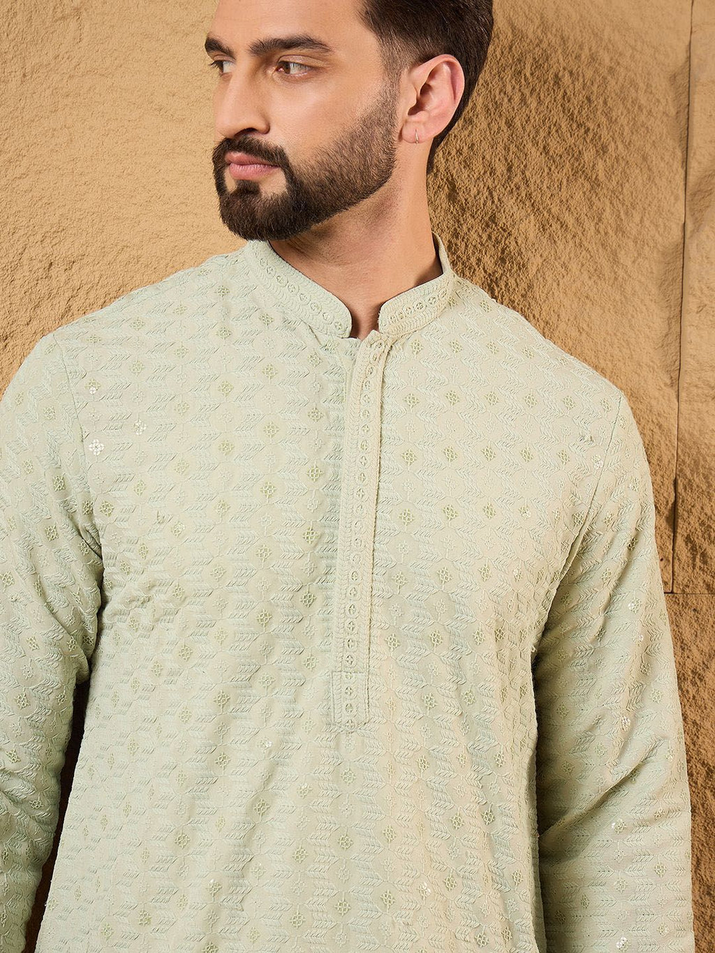 Men Green Rayon Blend Solid Embroidered Straight Kurta With Pant Set-MKSET1231