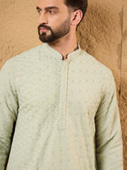 Men Green Rayon Blend Solid Embroidered Straight Kurta With Pant Set-MKSET1231