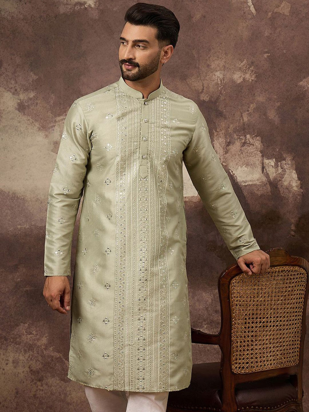 Men Green Silk Blend Solid Embroidered Straight Kurta With Pant Set-MKSET1363