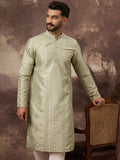 Men Green Silk Blend Solid Embroidered Straight Kurta With Pant Set-MKSET1363