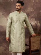 Men Green Silk Blend Solid Embroidered Straight Kurta With Pant Set-MKSET1363