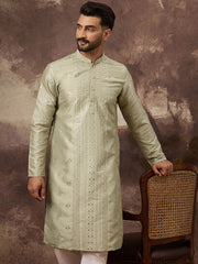 Men Green Silk Blend Solid Embroidered Straight Kurta With Pant Set-MKSET1363