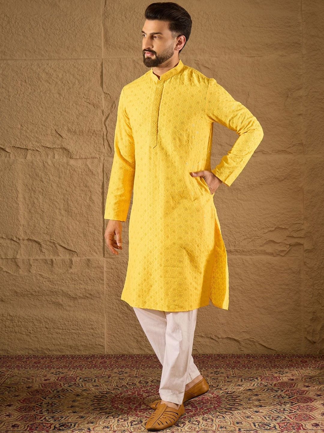 Men Yellow Viscose Rayon Solid Embroidered Straight Kurta With Pant Set-MKSET1222