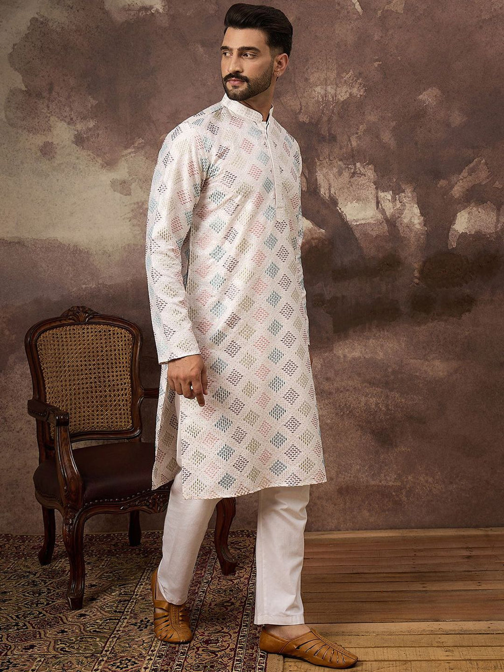 Men White Silk Blend Solid Embroidered Straight Kurta With Pant Set-MKSET1382