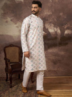 Men White Silk Blend Solid Embroidered Straight Kurta With Pant Set-MKSET1382