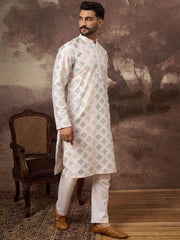 Men White Silk Blend Solid Embroidered Straight Kurta With Pant Set-MKSET1382