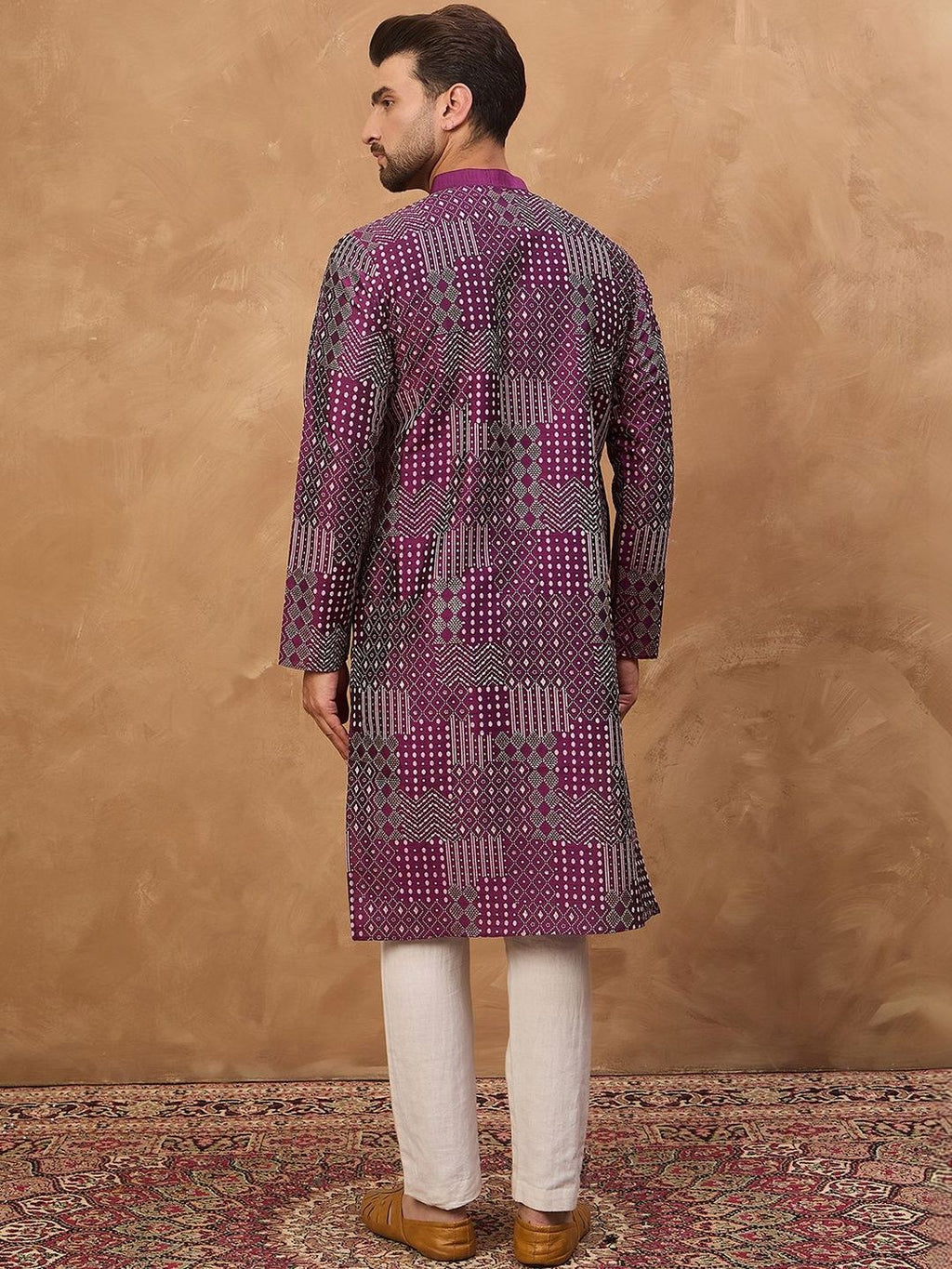 Men Purple Silk Blend Geometric Printed Straight Kurta With Pant Set-MKSET1529