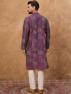 Men Purple Silk Blend Geometric Printed Straight Kurta With Pant Set-MKSET1529