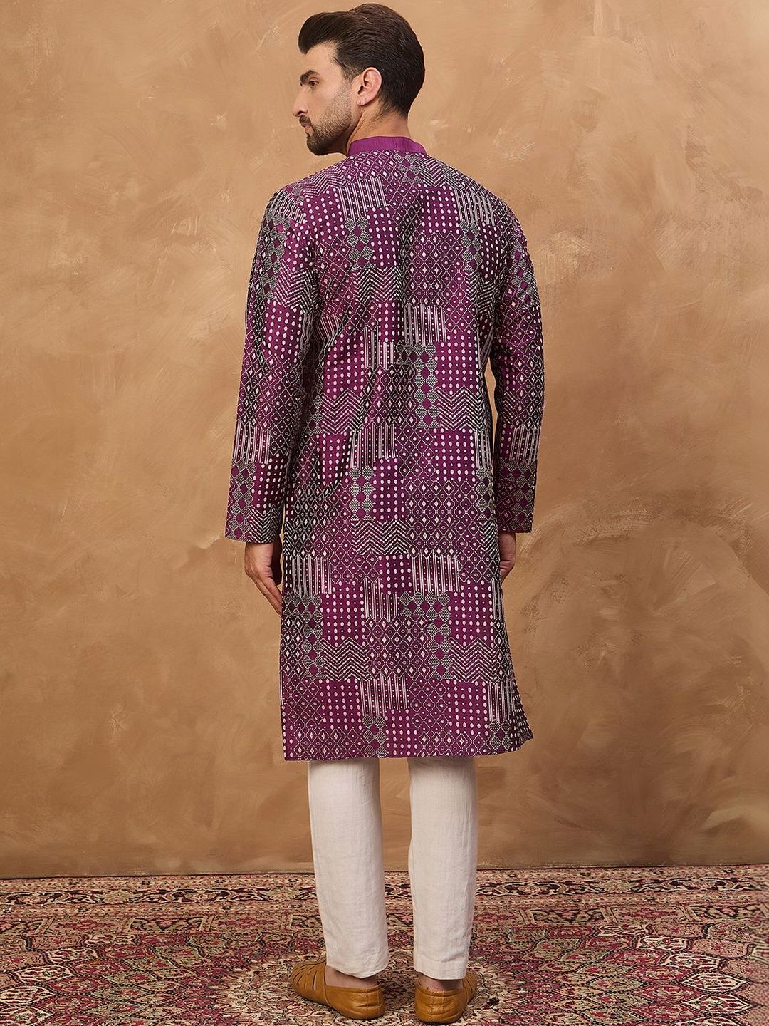 Men Purple Silk Blend Geometric Printed Straight Kurta With Pant Set-MKSET1529