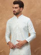 Men Blue Silk Blend Solid Embroidered Straight Kurta With Pant Set-MKSET1446