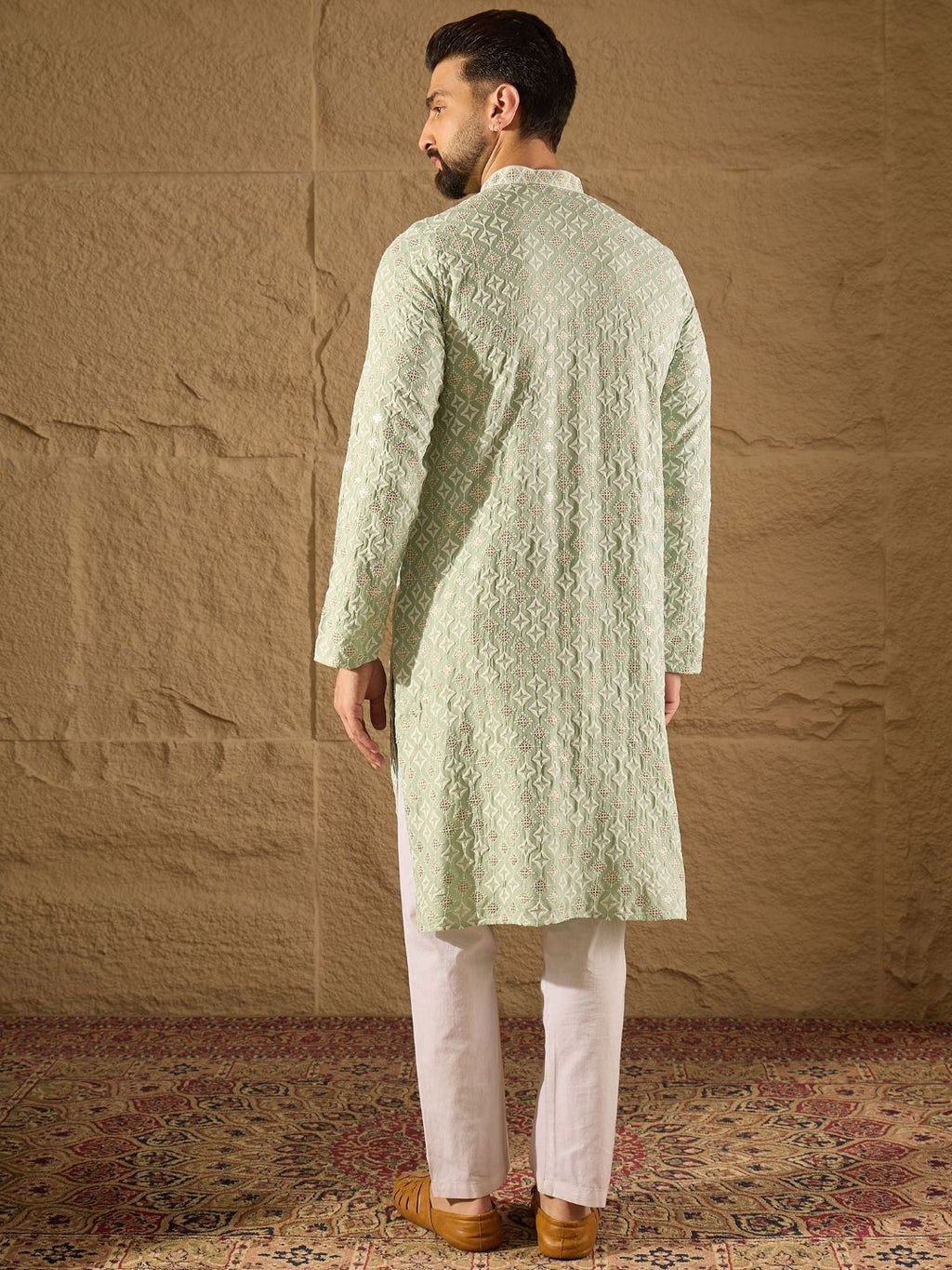 Men Green Viscose Rayon Solid Embroidered Straight Kurta With Pant Set-MKSET1238