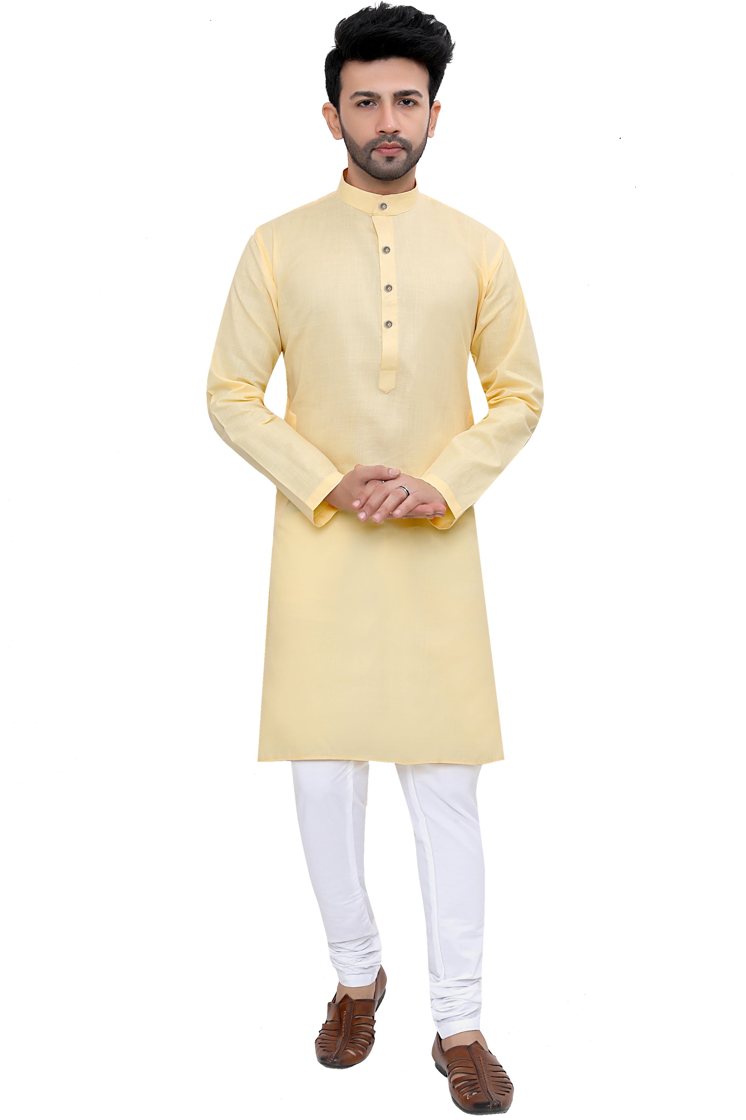yellow Cotton Solid Indian Wear Kurta Pyjama Set | DesiQlo 2