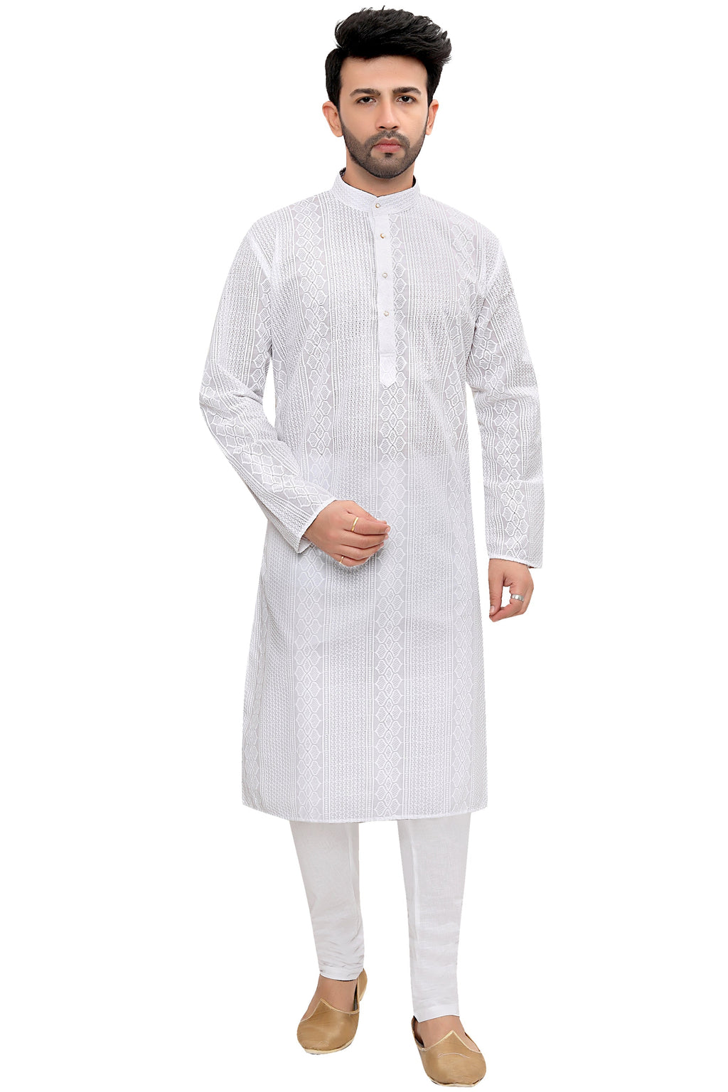 Cotton Kurta Pyjama Set for Men - White | KPRRCHD338