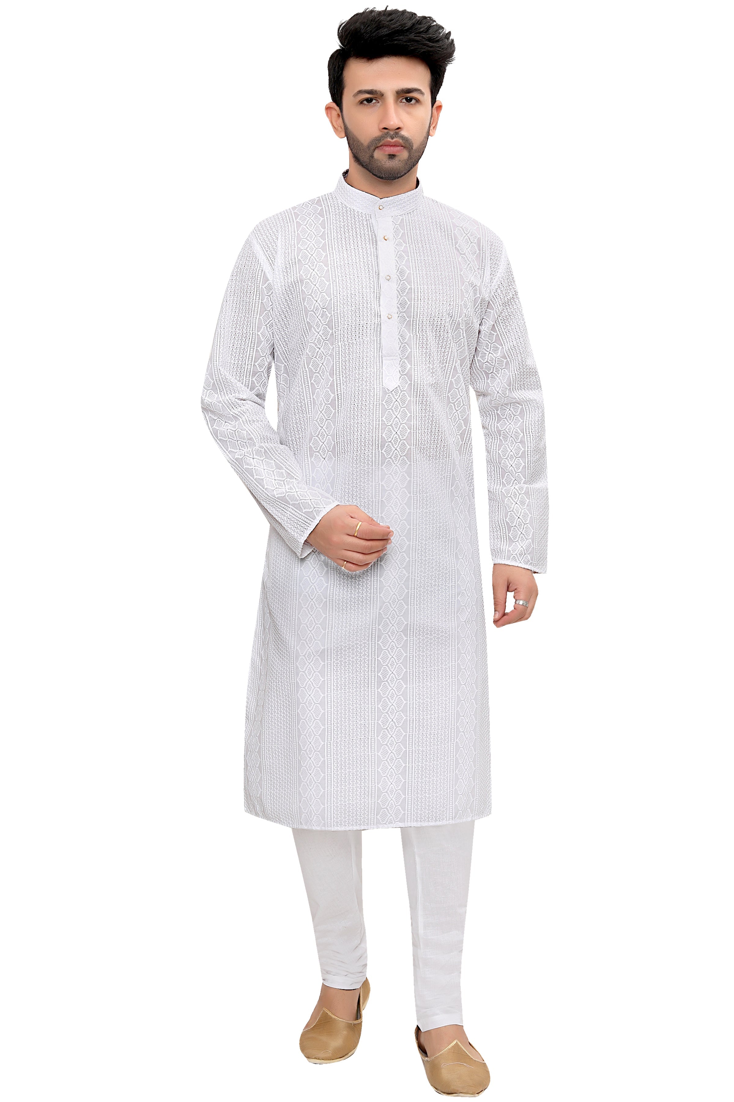 Cotton Kurta Pyjama Set for Men - White | KPRRCHD338