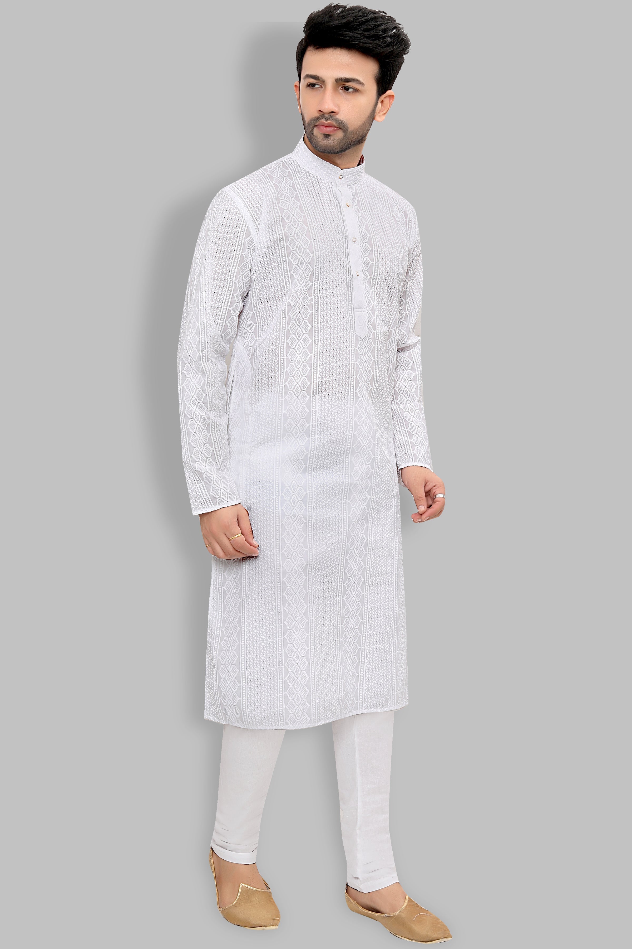 Cotton Kurta Pyjama Set for Men - White | KPRRCHD338
