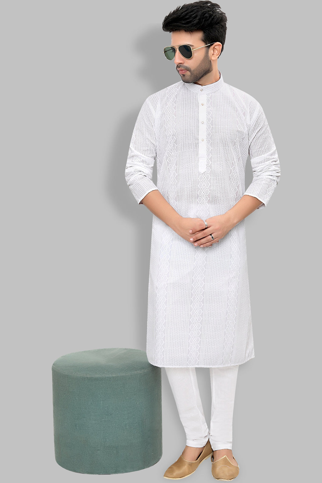 Cotton Kurta Pyjama Set for Men - White | KPRRCHD338