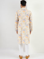 Men Off White Viscose Rayon Abstract Embroidered Straight Kurta With Pant Set-MKSET1063
